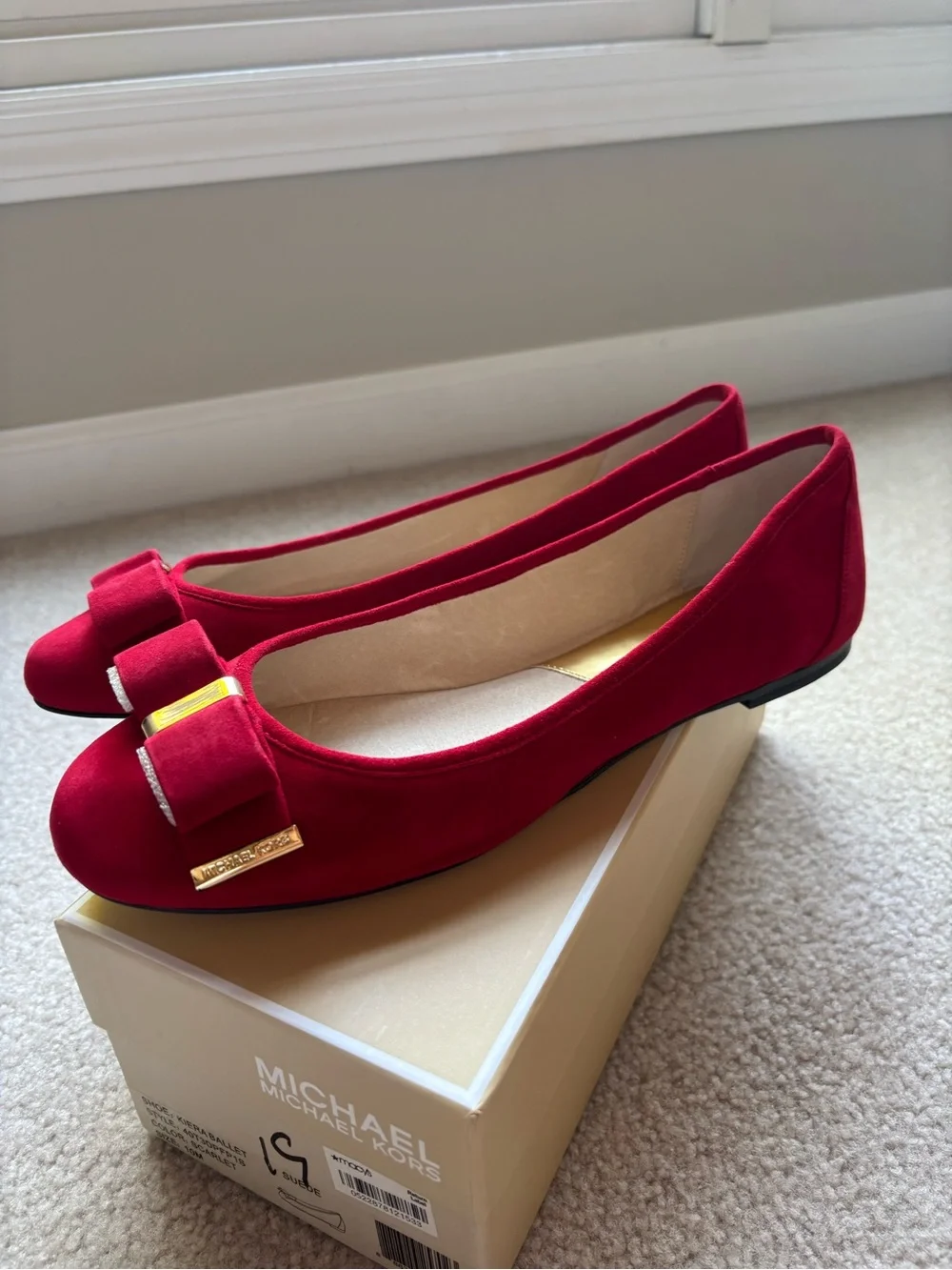 New! Michael Kors Red Suede Bow Flats with Gold Accent